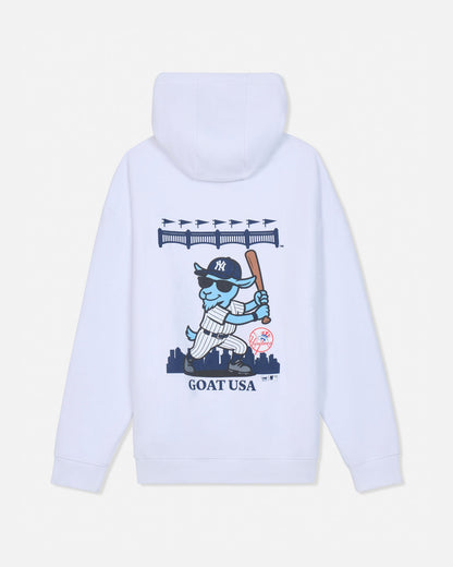 White hoodie with a blue goat wearing a New York Yankees uniform and a stadium design above.