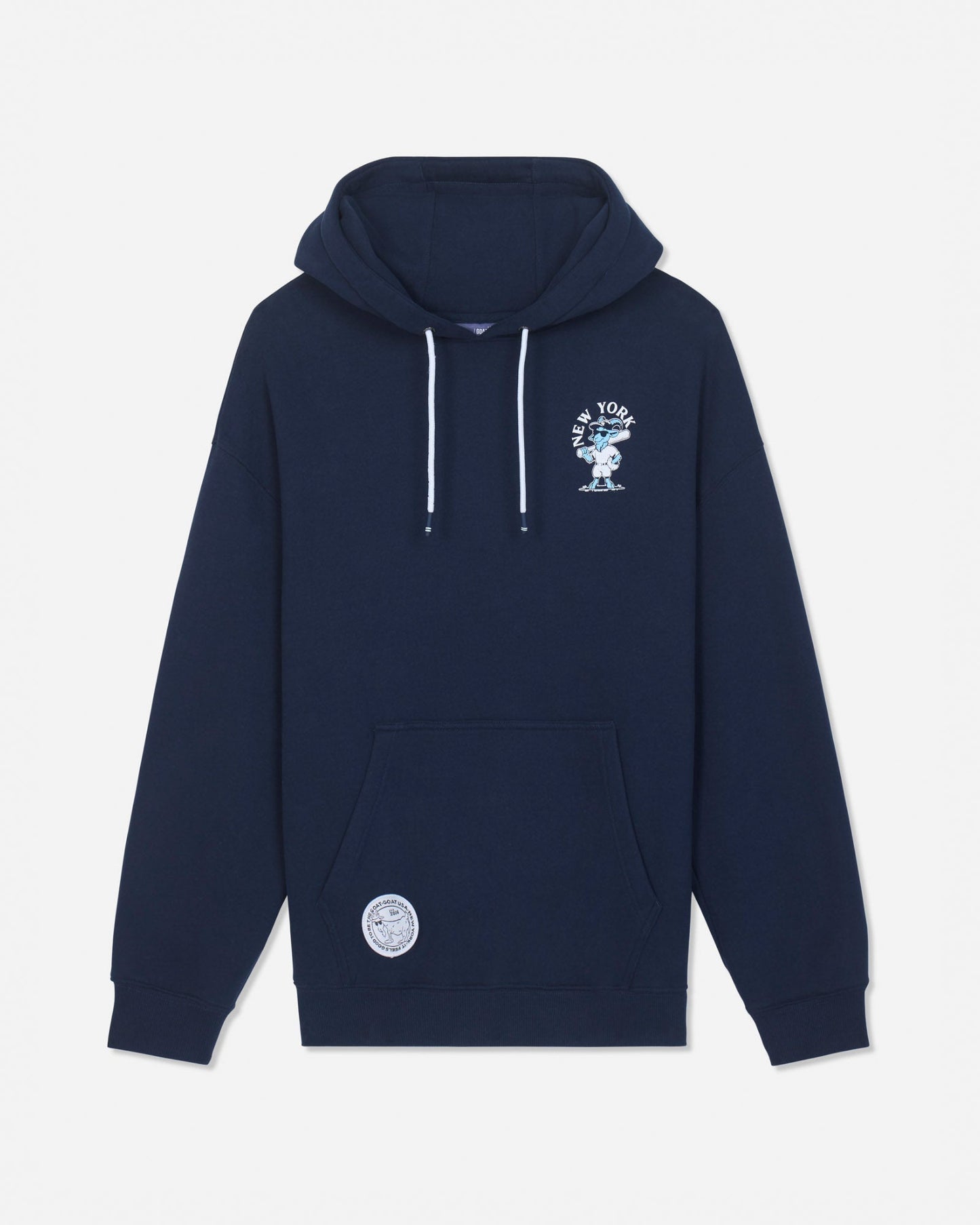 A navy blue pullover hoodie with white drawstrings, featuring a white graphic print on the left chest and a circular white patch on the lower left front pocket, displayed against a light gray background.