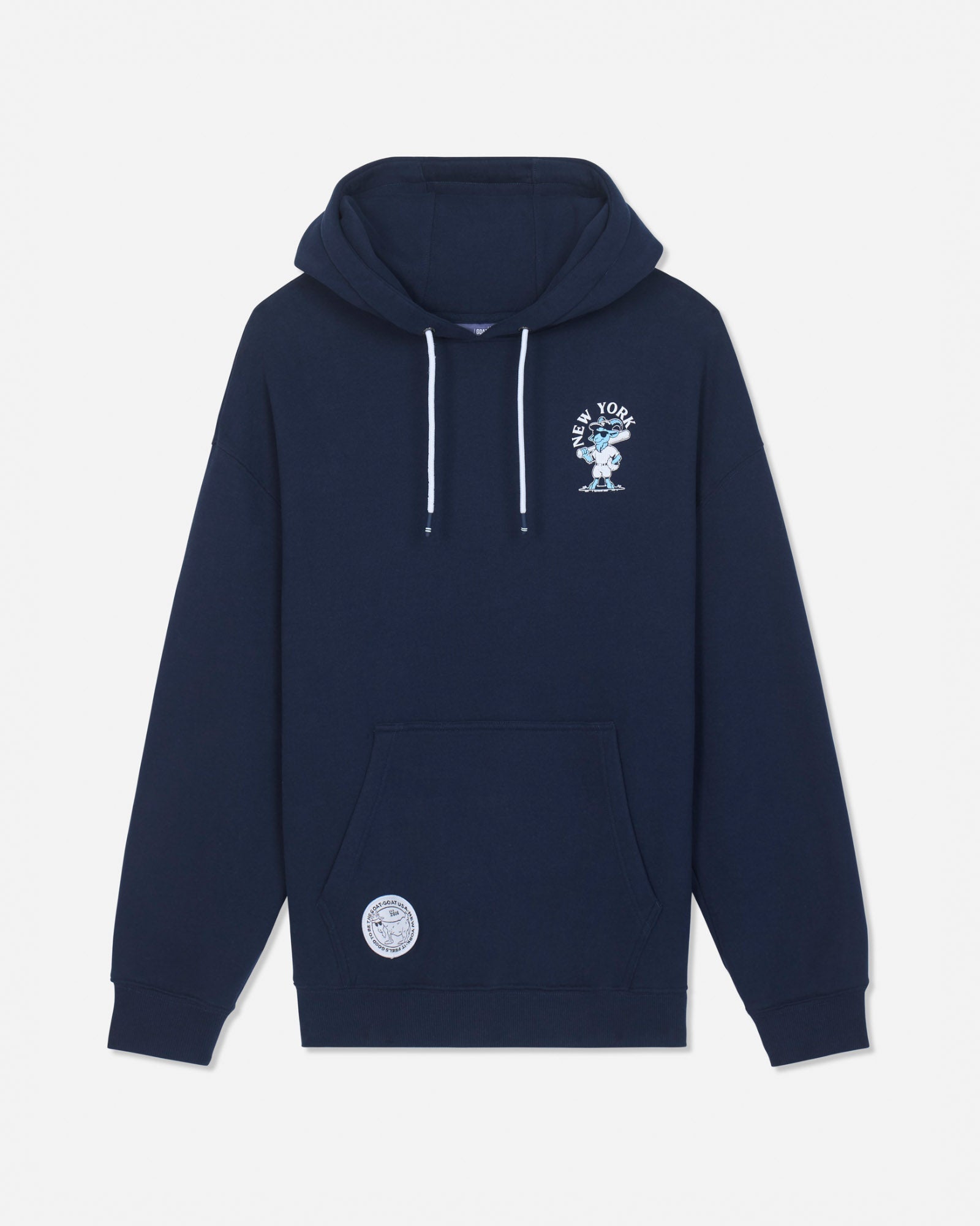 A navy blue pullover hoodie with white drawstrings, featuring a white graphic print on the left chest and a circular white patch on the lower left front pocket, displayed against a light gray background.