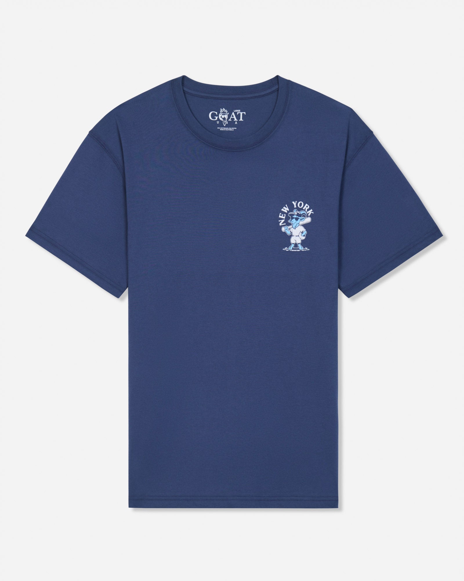 A navy blue short-sleeve t-shirt by GOAT, featuring a small white graphic on the left chest with a cartoon character and the text 'NEW YORK'. The brand name 'GOAT USA' is printed inside the collar.