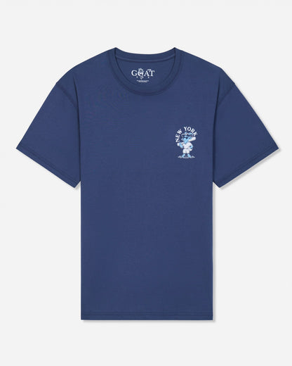 A navy blue short-sleeve t-shirt by GOAT, featuring a small white graphic on the left chest with a cartoon character and the text 'NEW YORK'. The brand name 'GOAT USA' is printed inside the collar.