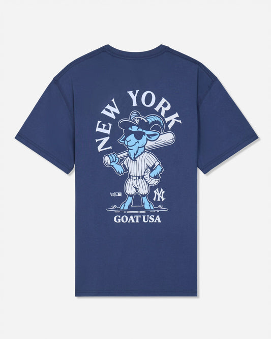 A navy blue short-sleeve t-shirt with a large graphic on the back featuring a light blue cartoon goat baseball player, the text 'NEW YORK' arched above, and 'GOAT USA' below.