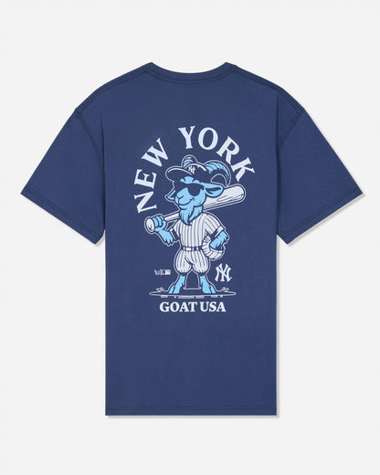 A navy blue short-sleeve t-shirt with a large graphic on the back featuring a light blue cartoon goat baseball player, the text 'NEW YORK' arched above, and 'GOAT USA' below.