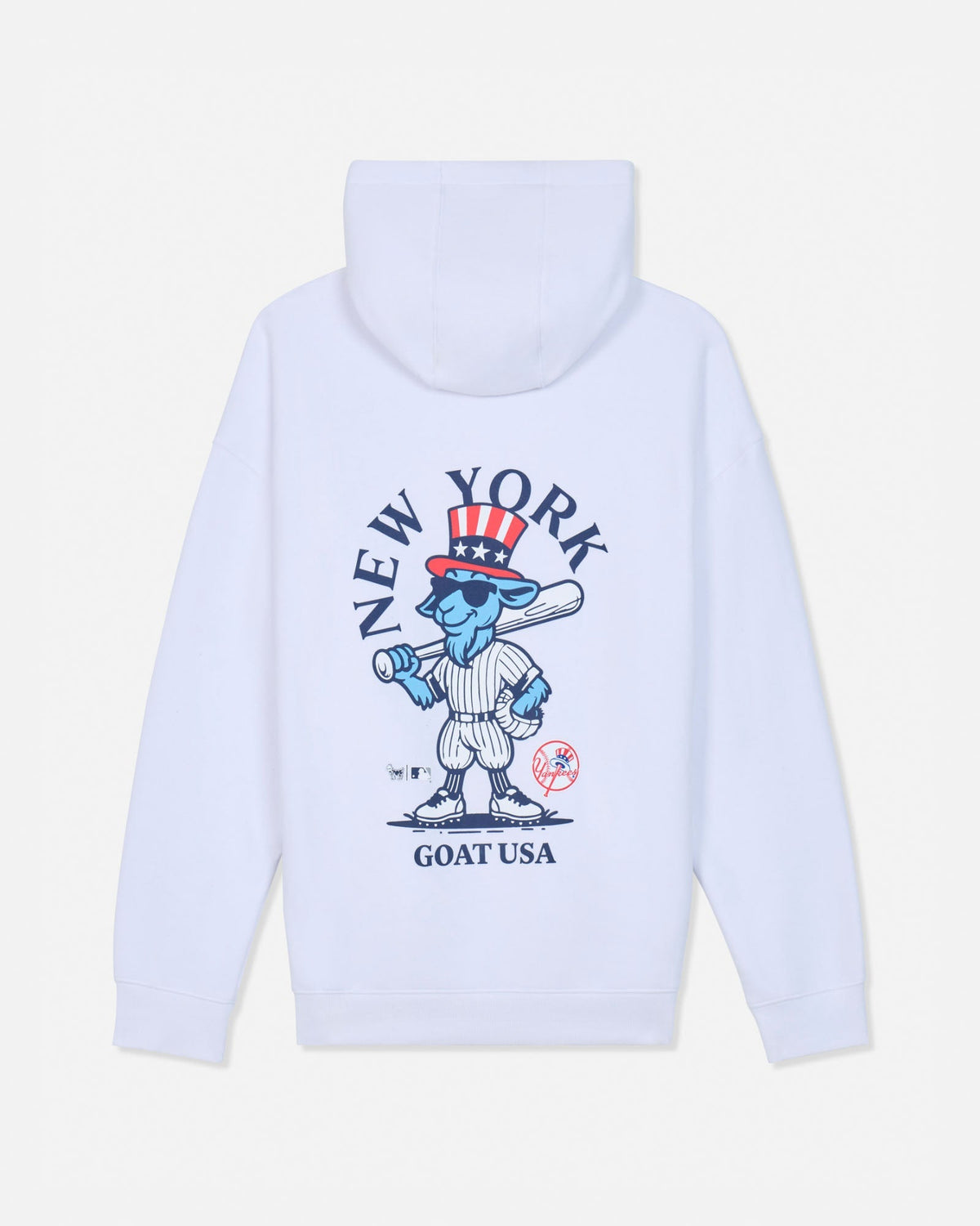 White pullover hoodie shown from the back, featuring a large graphic print of a cartoon blue goat in a baseball uniform with a red, white, and blue top hat, surrounded by the text 'NEW YORK GOAT USA'.#color_white
