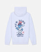 White pullover hoodie shown from the back, featuring a large graphic print of a cartoon blue goat in a baseball uniform with a red, white, and blue top hat, surrounded by the text 'NEW YORK GOAT USA'.#color_white