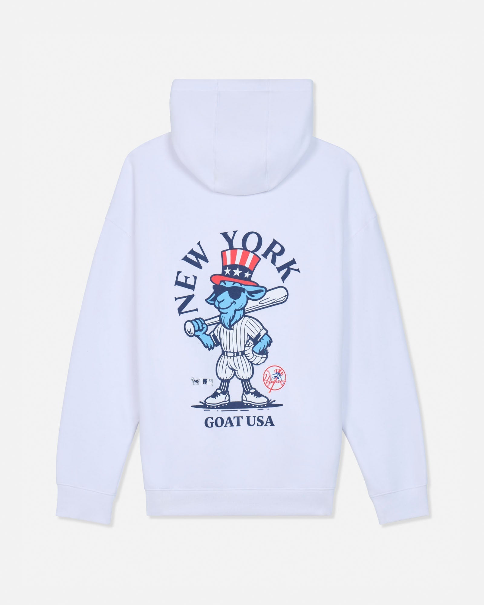 White pullover hoodie shown from the back, featuring a large graphic print of a cartoon blue goat in a baseball uniform with a red, white, and blue top hat, surrounded by the text 'NEW YORK GOAT USA'.#color_white