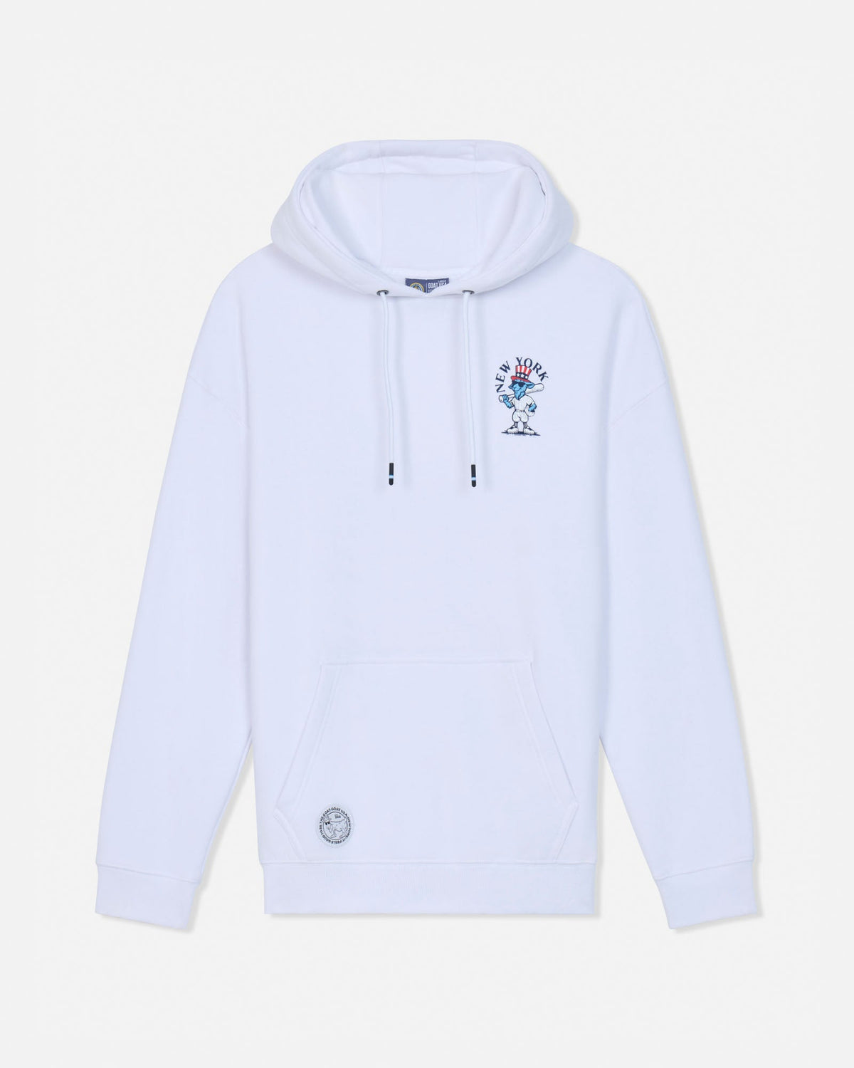 A white pullover hoodie with a small multicolor graphic on the left chest and a circular patch near the lower left front pocket, displayed against a light off-white background.#color_white