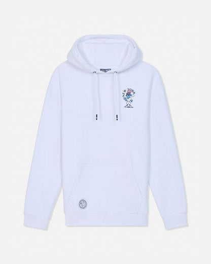 A white pullover hoodie with a small multicolor graphic on the left chest and a circular patch near the lower left front pocket, displayed against a light off-white background.#color_white