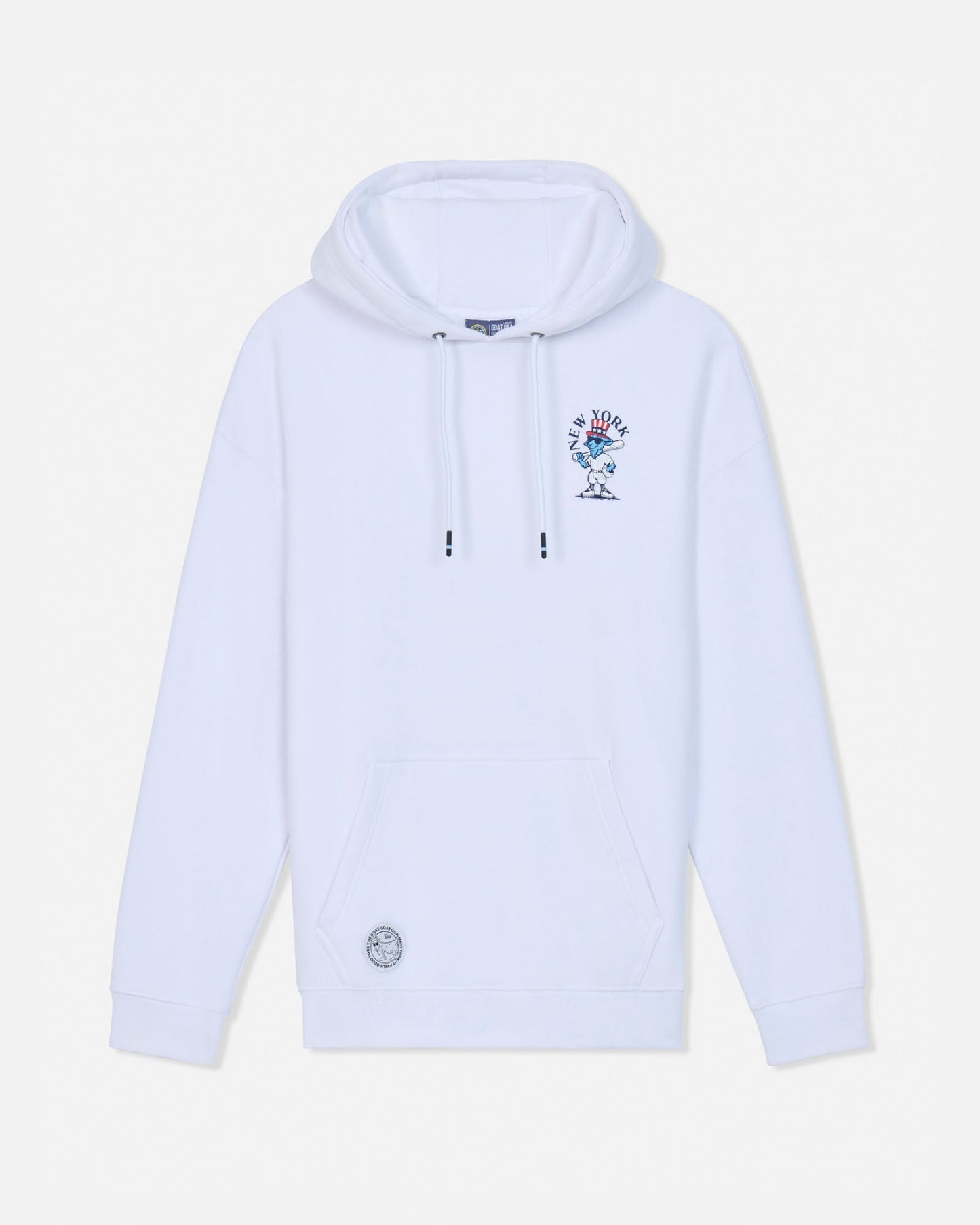 A white pullover hoodie with a small multicolor graphic on the left chest and a circular patch near the lower left front pocket, displayed against a light off-white background.#color_white