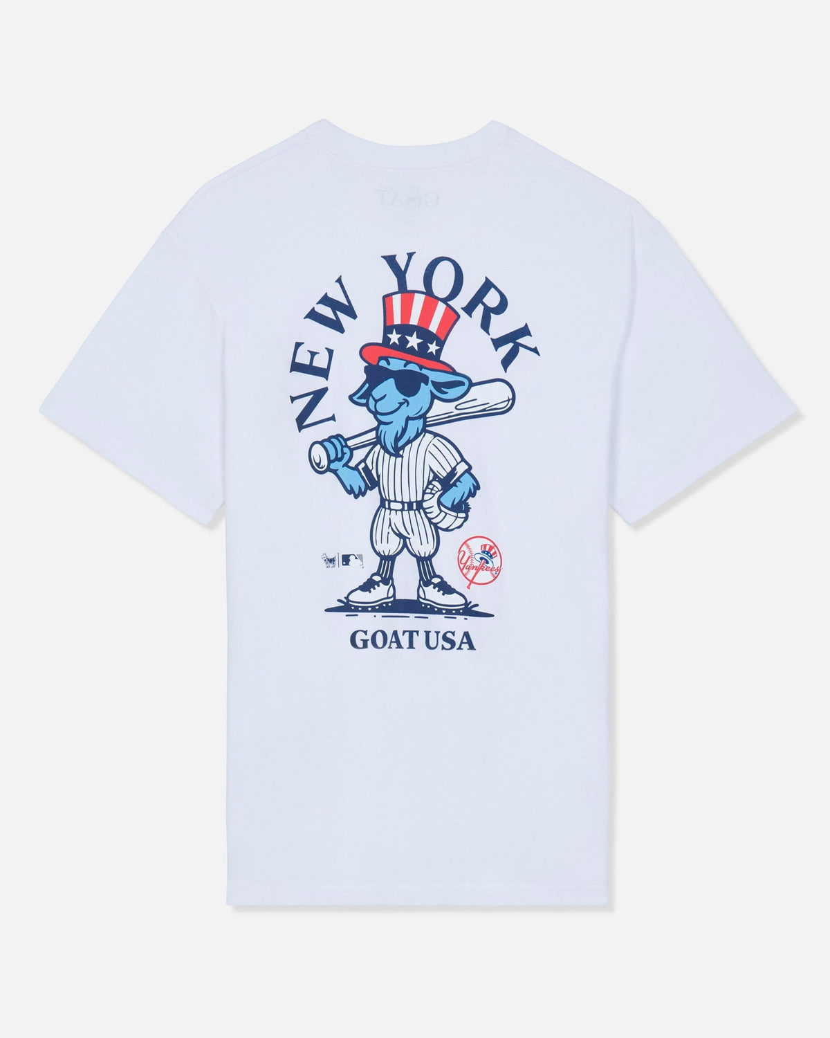White short-sleeve t-shirt with a large graphic on the front featuring a blue cartoon goat in a baseball uniform, a red and white top hat, and the text 'NEW YORK' and 'GOAT USA'.#color_white