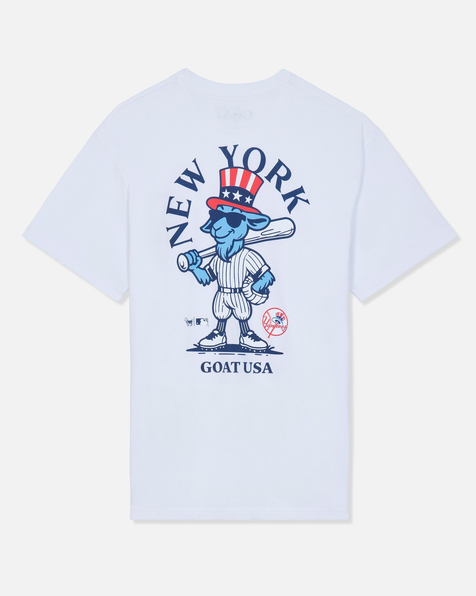 White short-sleeve t-shirt with a large graphic on the front featuring a blue cartoon goat in a baseball uniform, a red and white top hat, and the text 'NEW YORK' and 'GOAT USA'.#color_white