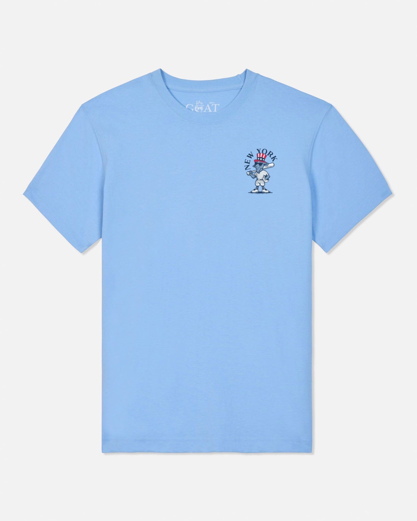 A light blue short-sleeve crewneck t-shirt with a small graphic on the left chest and 'GOAT' printed inside the collar, shown against a light gray background.#color_carolina-blue