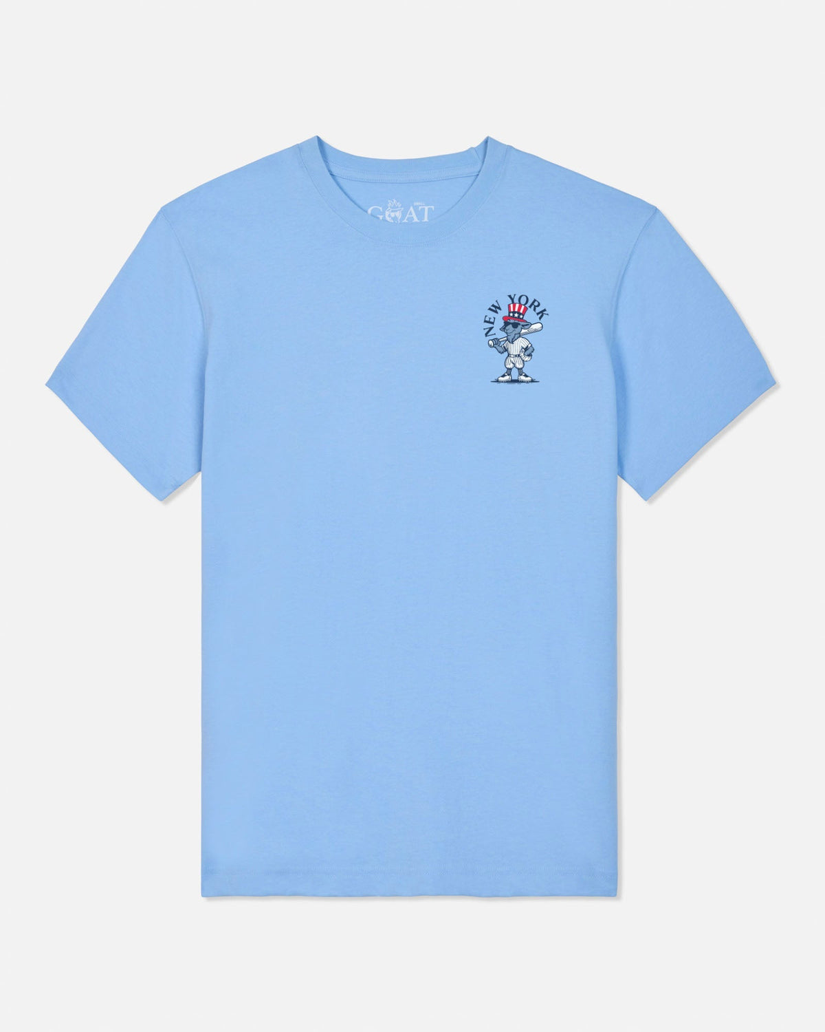 A light blue short-sleeve crewneck t-shirt with a small graphic on the left chest and 'GOAT' printed inside the collar, shown against a light gray background.#color_carolina-blue