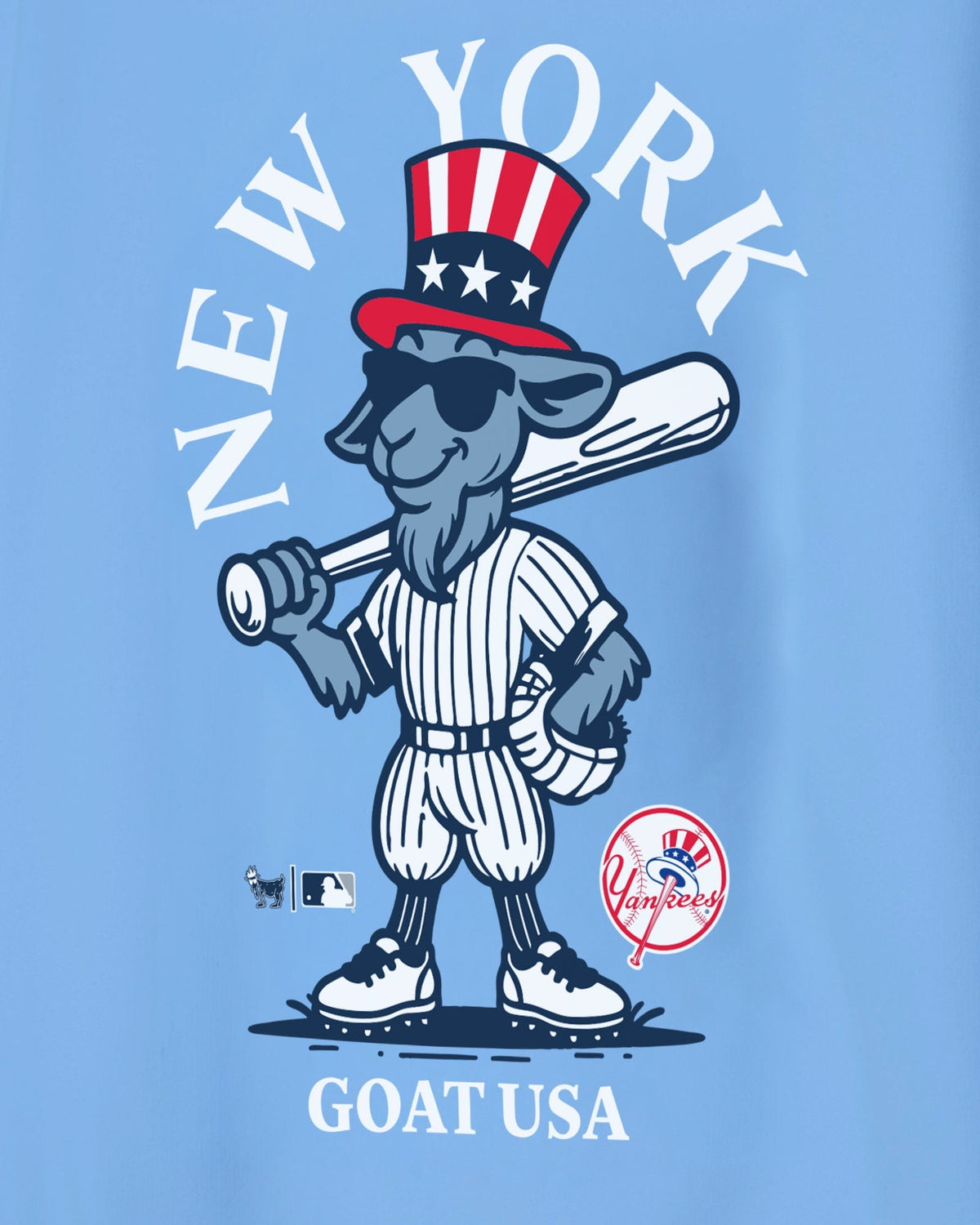A light blue graphic print featuring a cartoon goat dressed as a baseball player with a patriotic Uncle Sam hat, with the text 'NEW YORK' above and 'GOAT USA' below.#color_carolina-blue