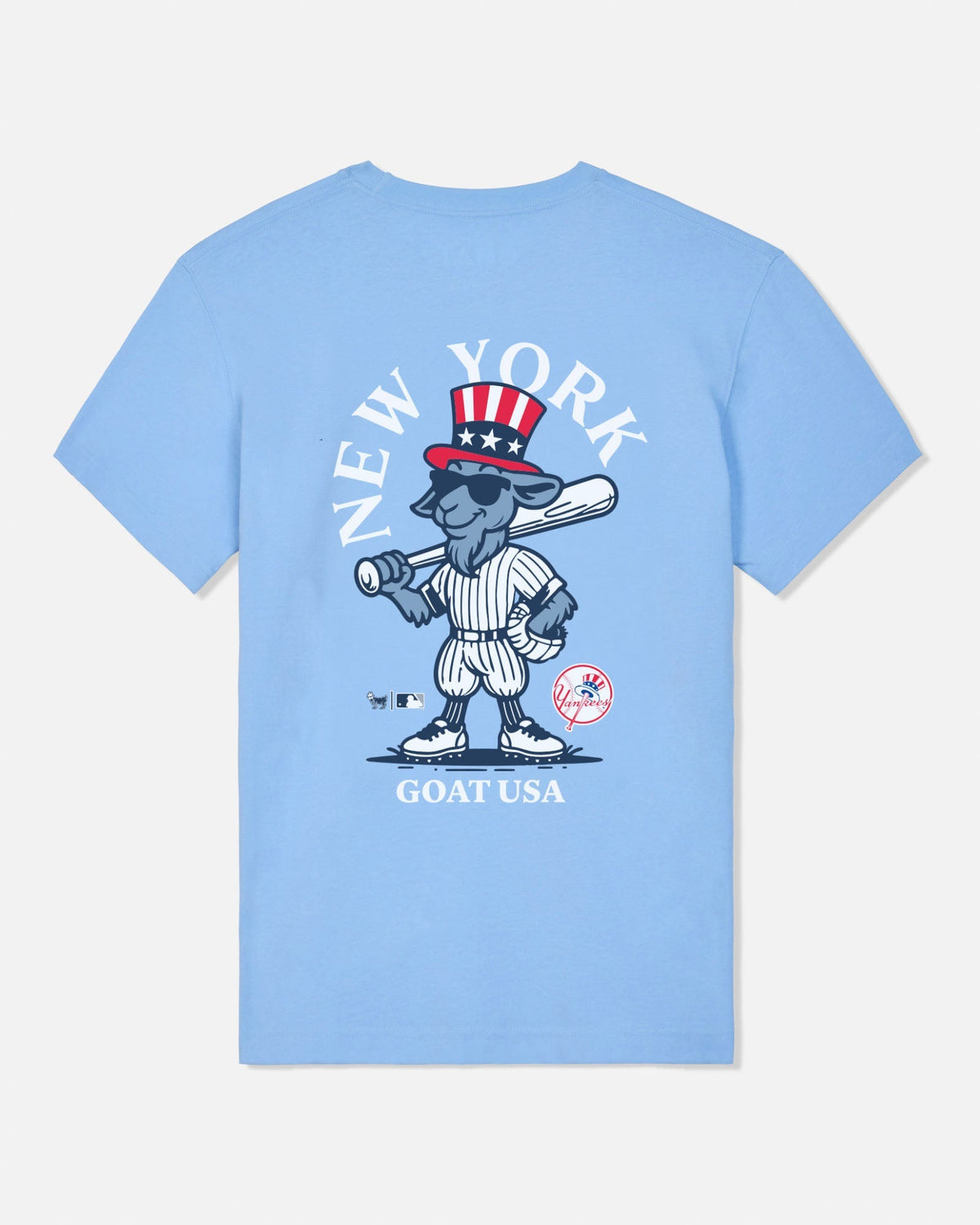 A light blue short-sleeve t-shirt with a large graphic on the front featuring a cartoon goat in a baseball uniform and top hat, with 'NEW YORK' above and 'GOAT USA' below.#color_carolina-blue