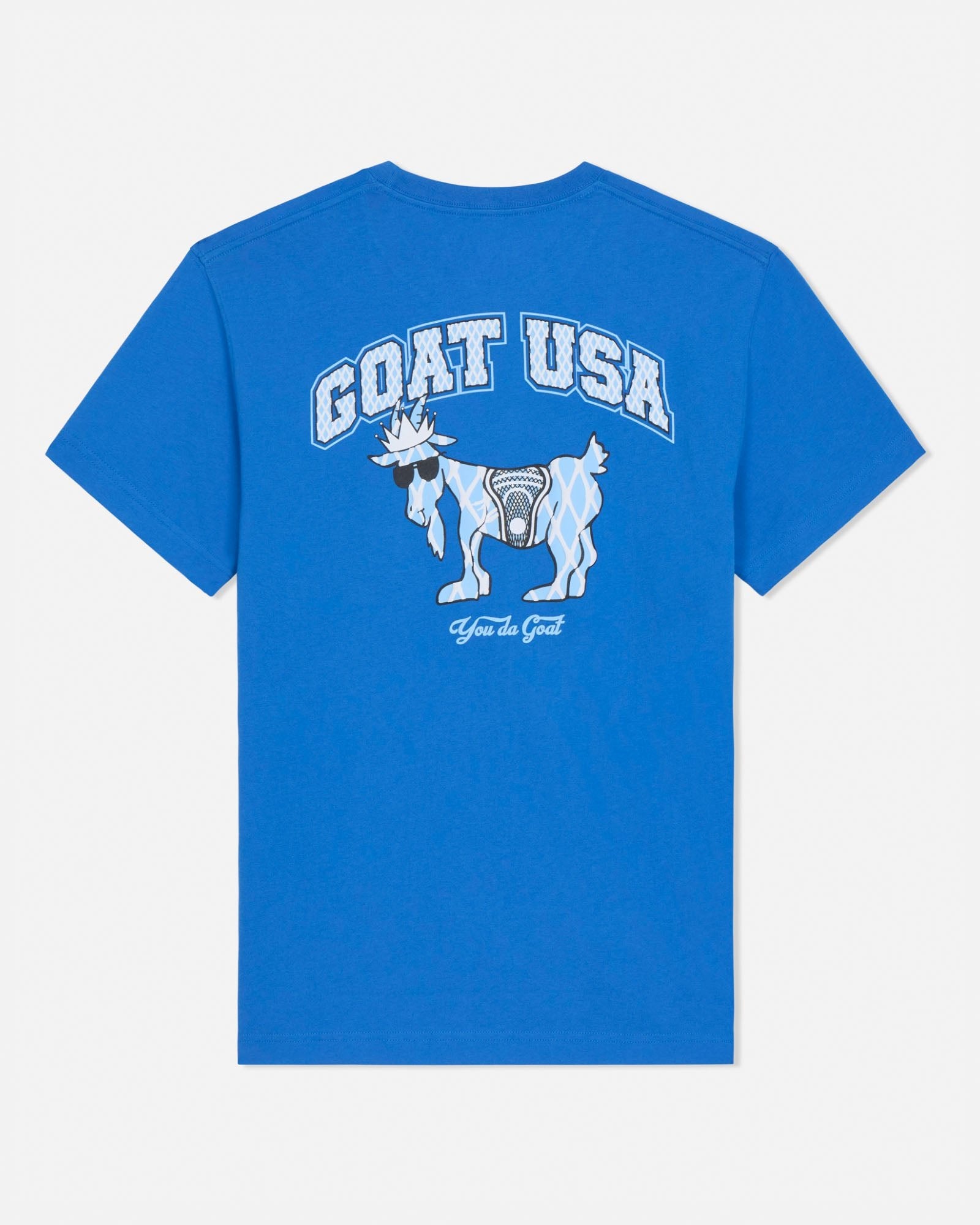 Blue t-shirt with 'GOAT USA' graphic on a white background