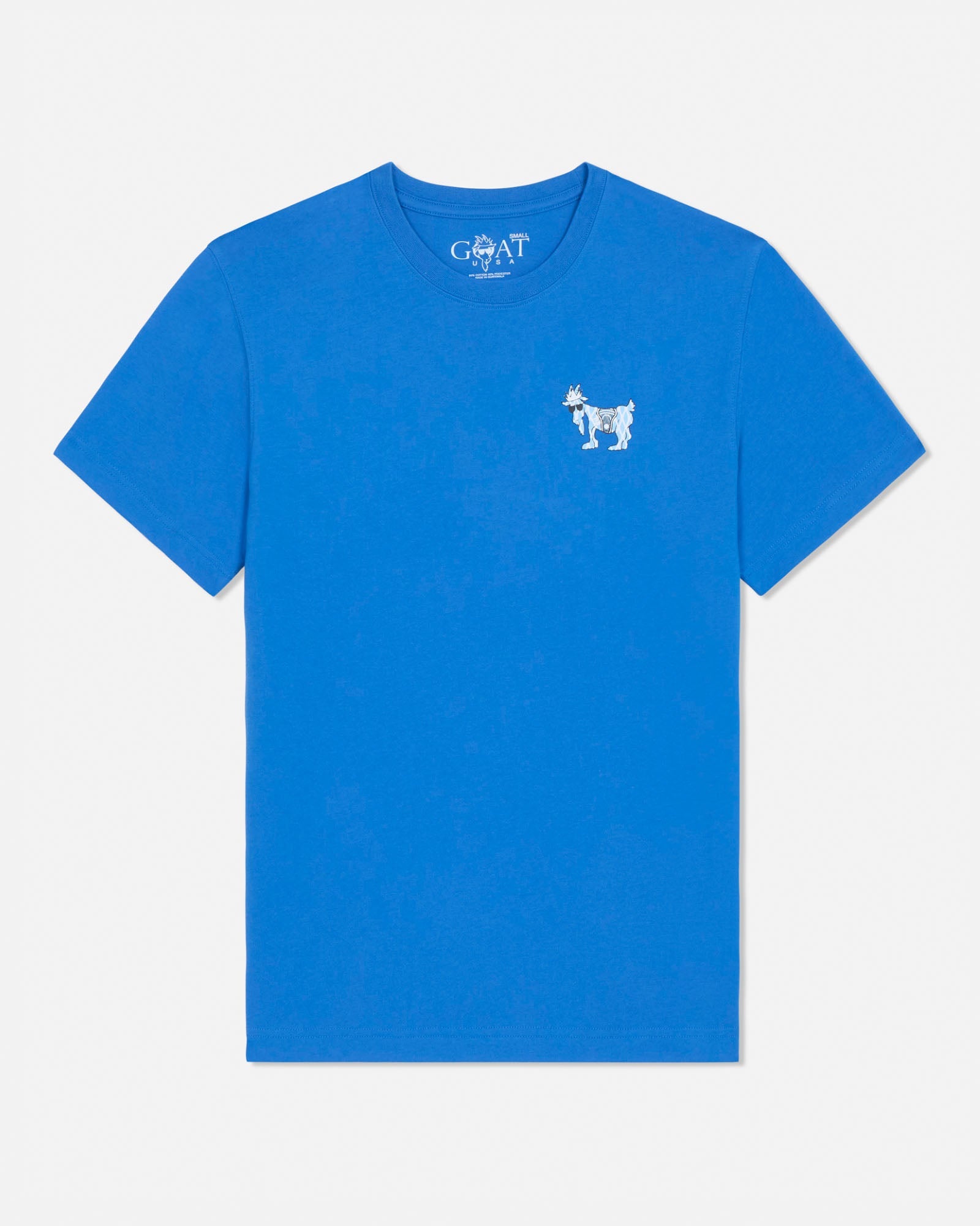 Blue t-shirt with a small white logo on a light gray background