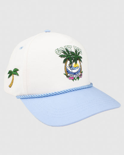 Cream hat with blue rope and brim. Features a palm tree sunset design