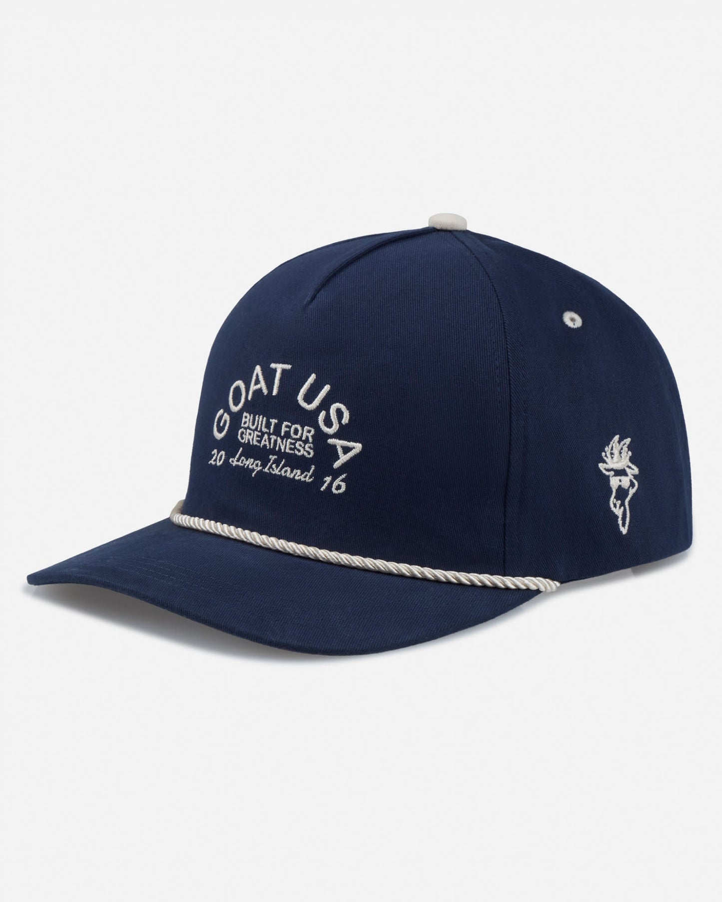 Navy blue cap with white text and branding on a white background