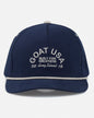 Navy blue cap with white text on a white background