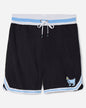 Black mesh shorts with blue and white waistband#color_black