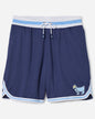 Navy mesh shorts with blue and white waistband#color_navy