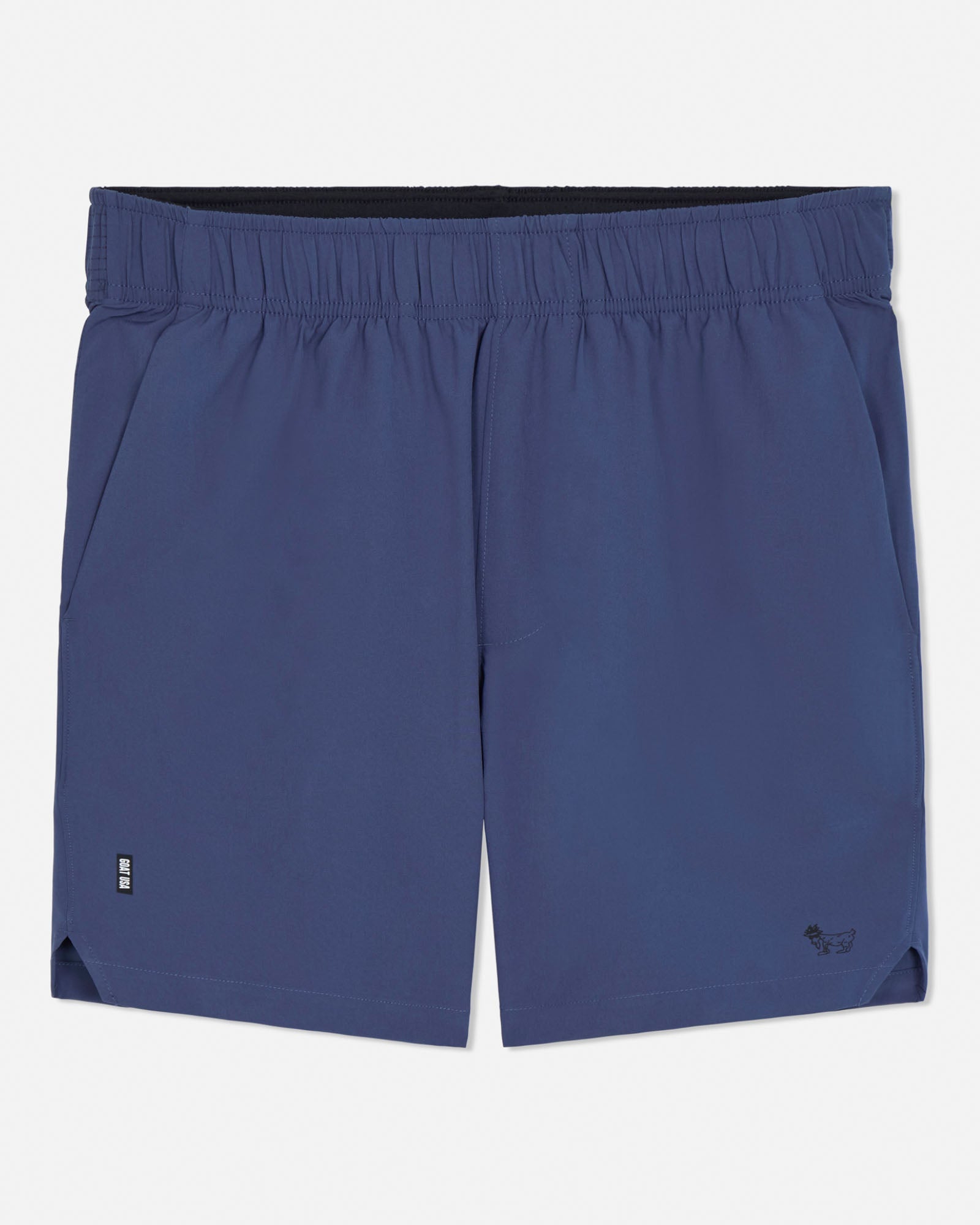 Navy blue shorts with a brand logo on a white background#color_navy