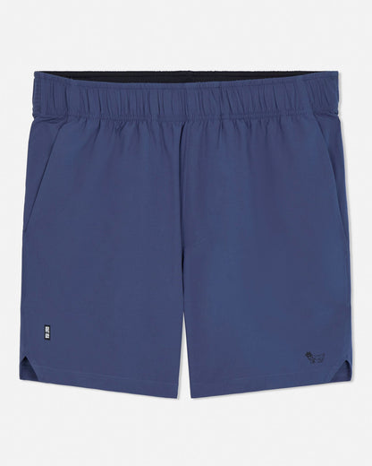 Navy blue shorts with a brand logo on a white background#color_navy