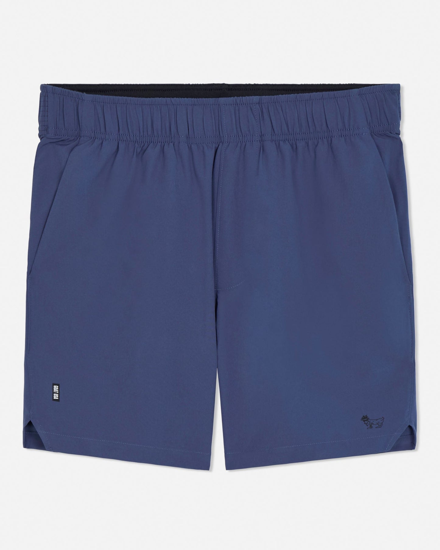 Navy blue shorts with a brand logo on a white background#color_navy