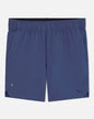 Navy blue shorts with a brand logo on a white background#color_navy