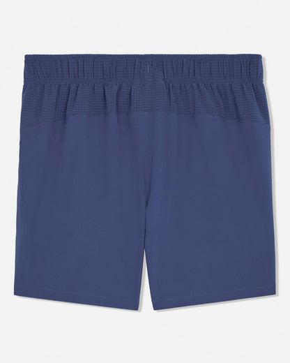 Blue shorts with a checkered waistband on a white background#color_navy