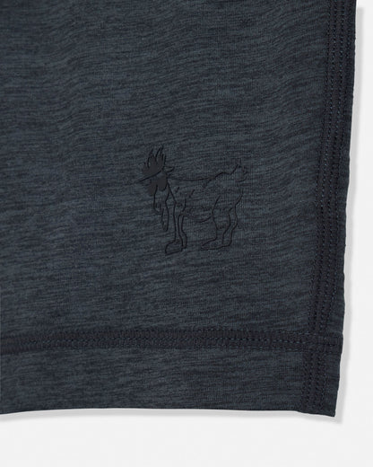 Dark gray fabric with a small embroidered design of a goat on a white background#color_space-dye-black