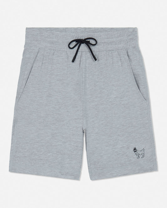 Gray shorts with a small logo on a white background#color_space-dye-gray