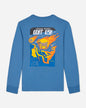 Blue long-sleeve shirt with colorful graphic design on a light gray background