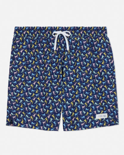 Navy swim shorts with colorful goat pattern on a light gray background