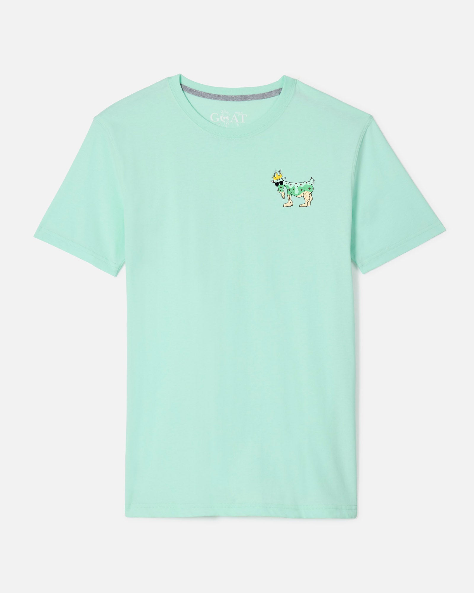 Front of mint t-shirt with Chuck the mint-chip ice cream GOAT left-chest logo