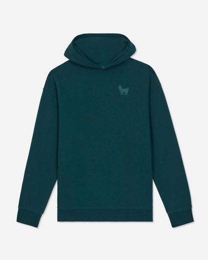 A dark teal-green pullover hoodie with a small tonal embroidered logo on the left chest, displayed against a light gray background.#color_sage
