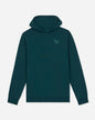 A dark teal-green pullover hoodie with a small tonal embroidered logo on the left chest, displayed against a light gray background.#color_sage