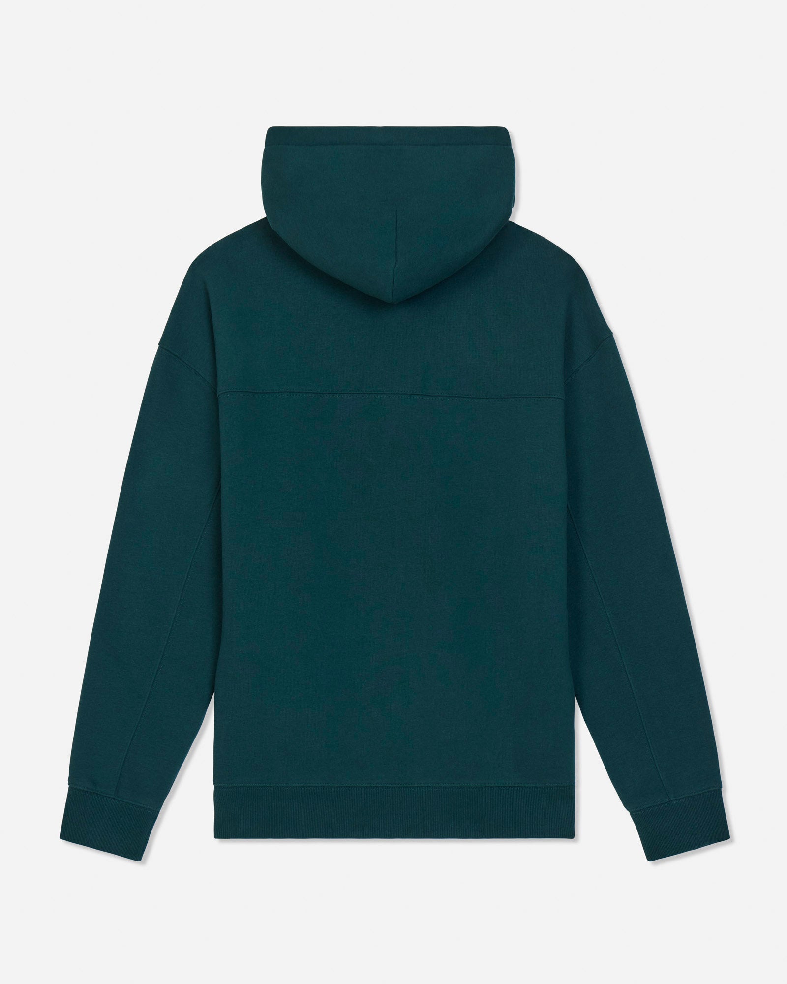 A dark teal green hooded sweatshirt shown from the back, featuring a solid color design, ribbed cuffs, and a ribbed hem, photographed against a light gray background.#color_sage