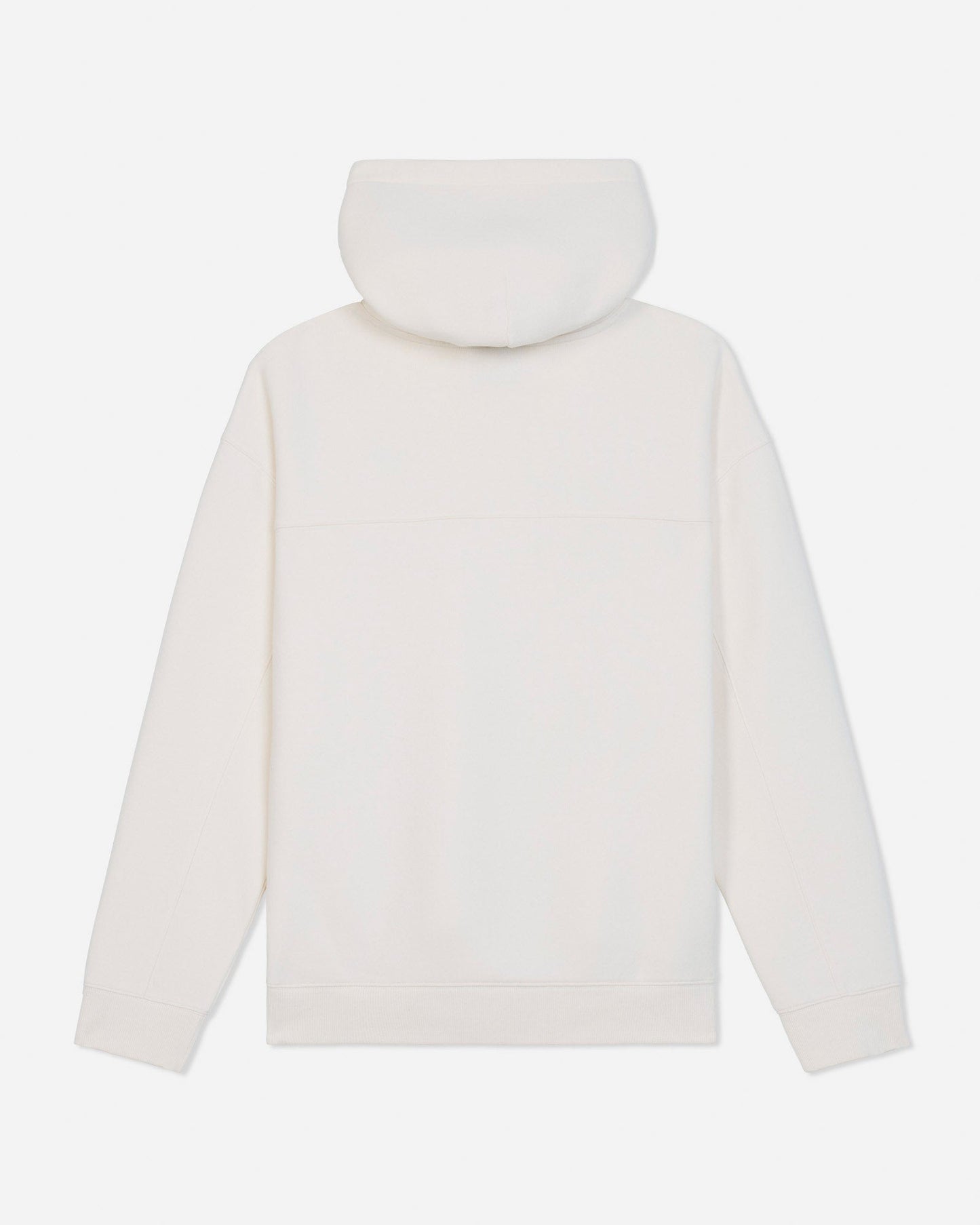 A cream-colored hooded sweatshirt shown from the back, featuring a relaxed fit, ribbed cuffs, and a ribbed hem, photographed against a solid light gray background.#color_bone