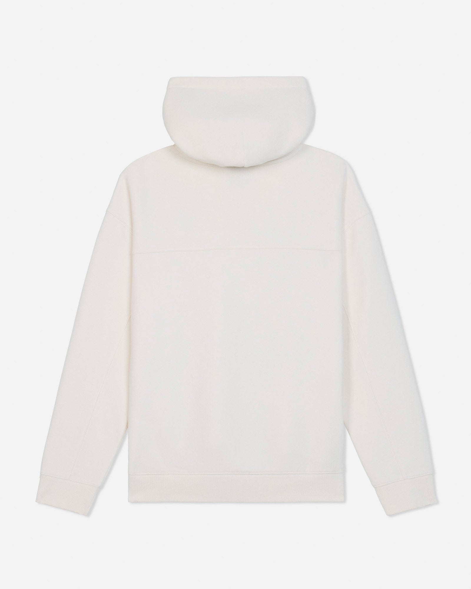 A cream-colored hooded sweatshirt shown from the back, featuring a relaxed fit, ribbed cuffs, and a ribbed hem, photographed against a solid light gray background.#color_bone