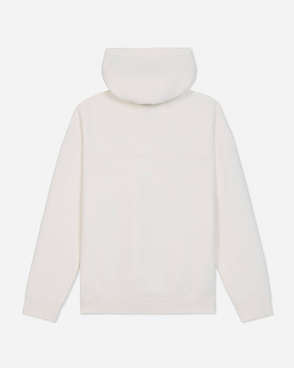 A cream-colored hooded sweatshirt shown from the back, featuring a relaxed fit, ribbed cuffs, and a ribbed hem, photographed against a solid light gray background.#color_bone