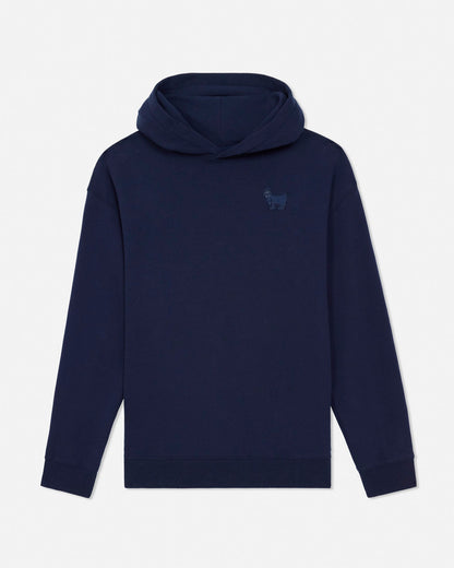 Navy blue hoodie with a small logo on the chest against a light gray background#color_navy-blazer