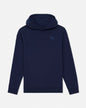 Navy blue hoodie with a small logo on the chest against a light gray background#color_navy-blazer