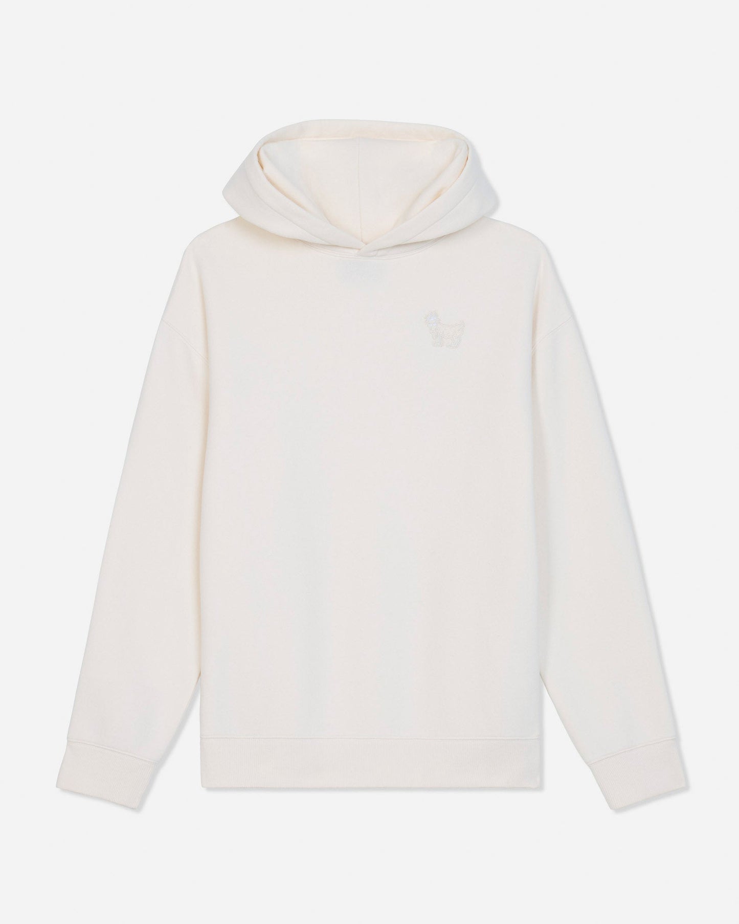 A cream-colored long-sleeve hoodie with a small tonal embroidered logo on the left chest, displayed against a light gray background.#color_bone