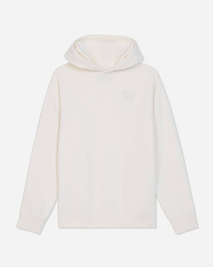 A cream-colored long-sleeve hoodie with a small tonal embroidered logo on the left chest, displayed against a light gray background.#color_bone