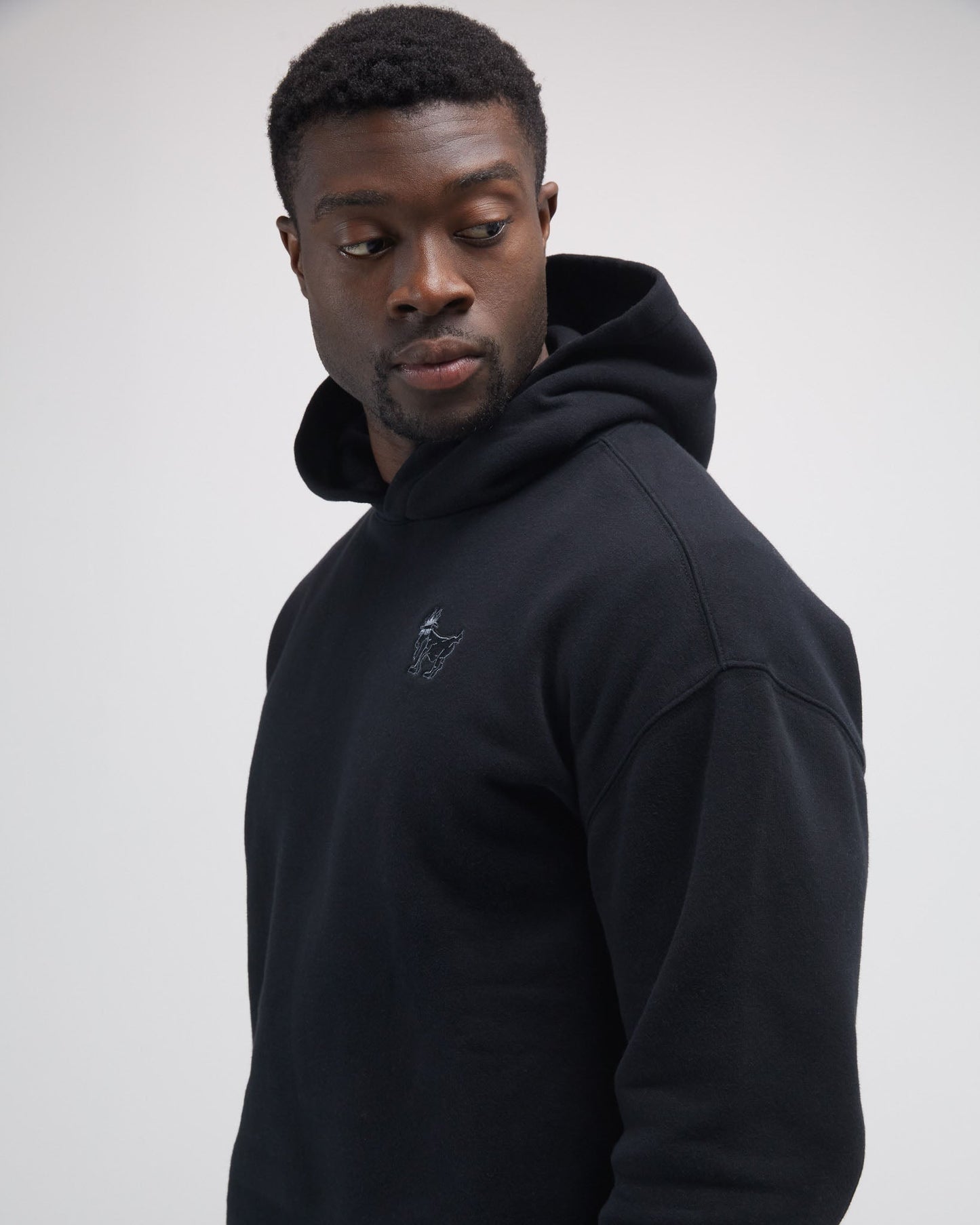 Man wearing a black hoodie with a logo on a light gray background#color_black