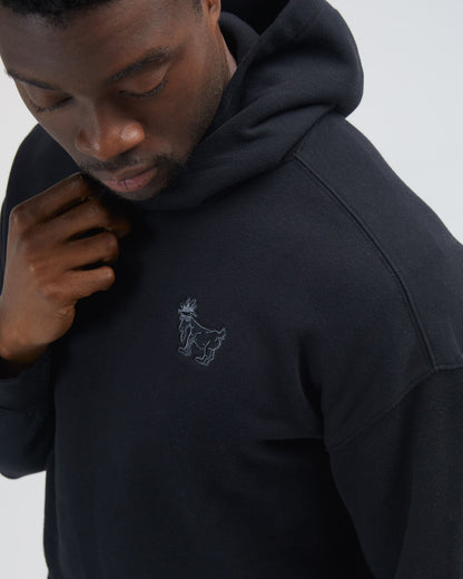 Person wearing a black hoodie with a small logo on a light gray background#color_black