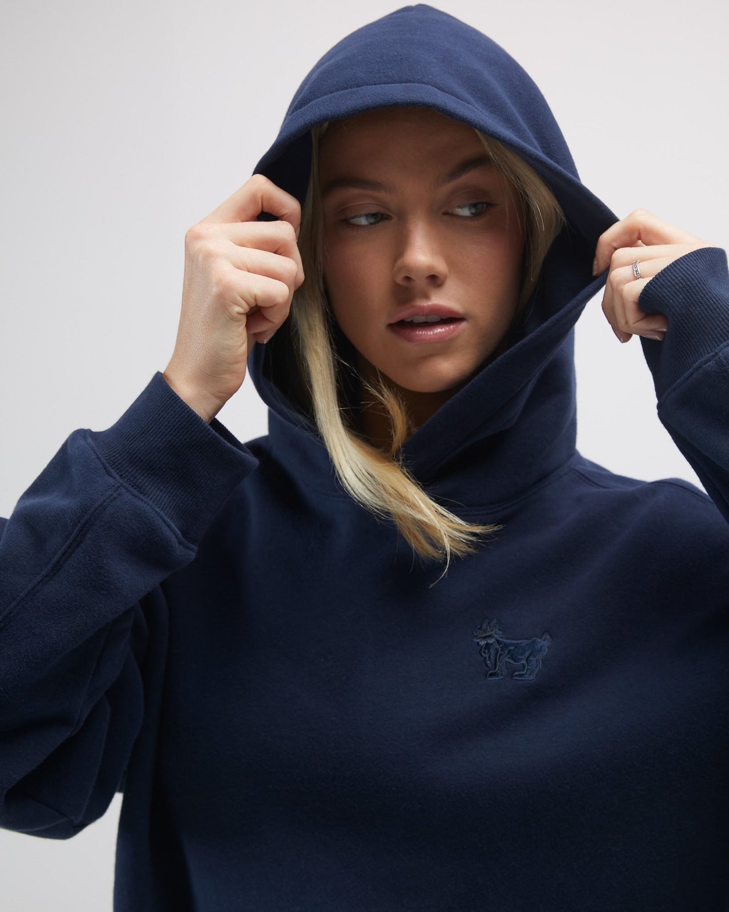Person wearing a navy blue hoodie with a brand logo on a light gray background#color_navy-blazer