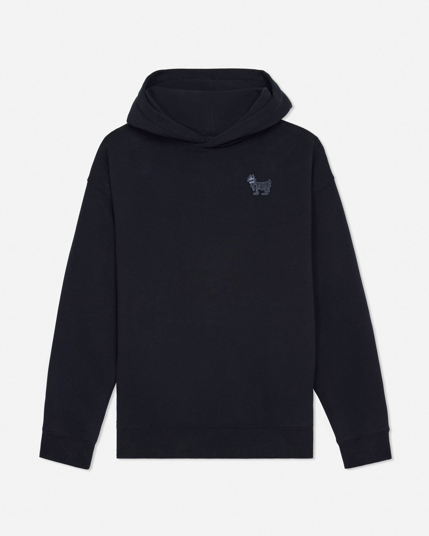 Black hoodie with a small logo on the back against a light gray background#color_black